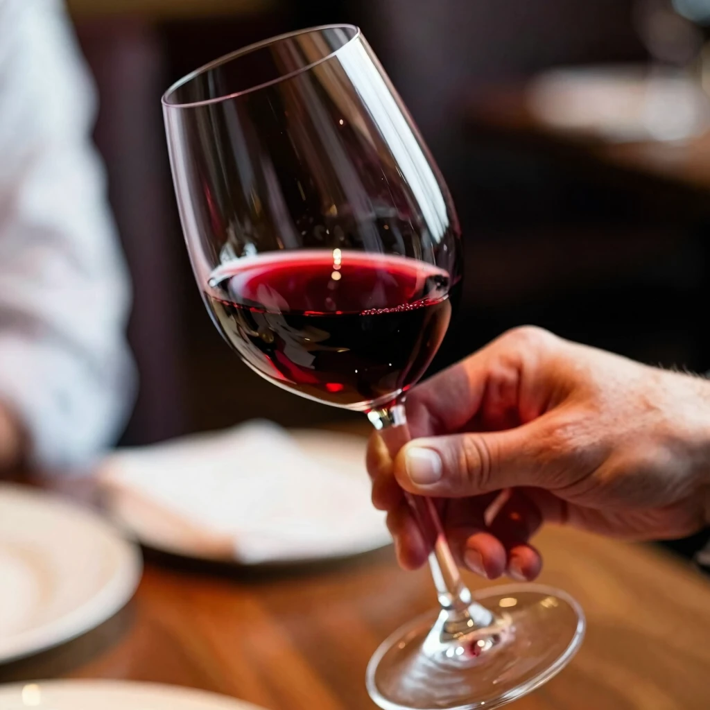 Close-up of hand swirling red wine in a glass during tasting
