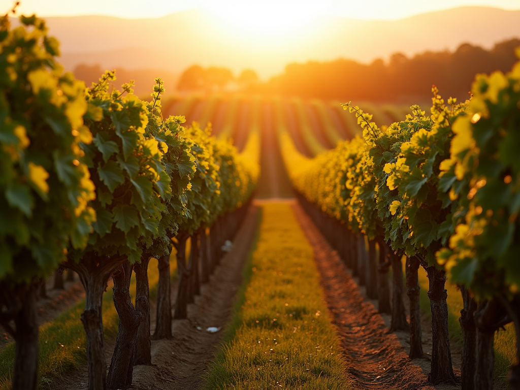 Sunrise over a vineyard with ripe grapes
