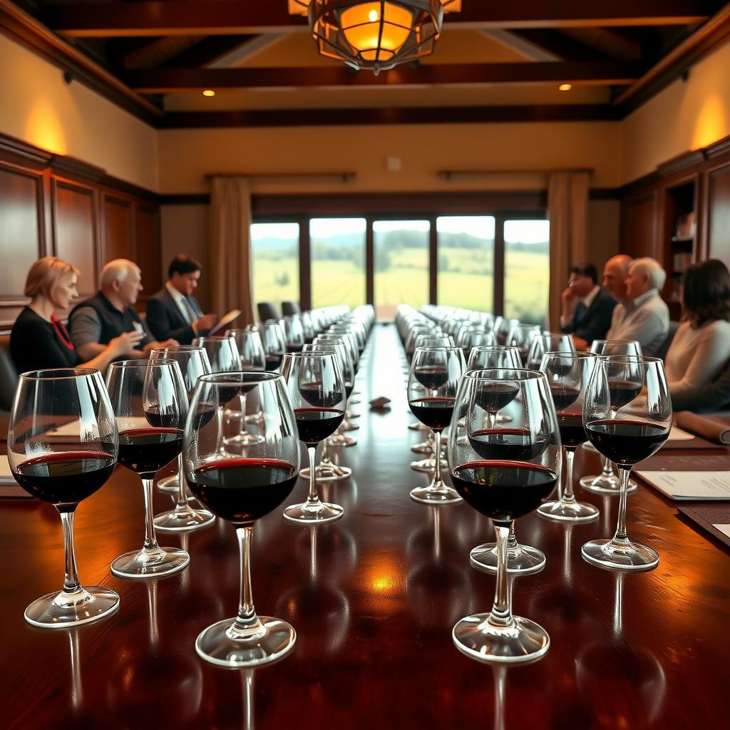 Wine judges evaluating glasses of red and white wine in a sophisticated tasting room with a vineyard view.