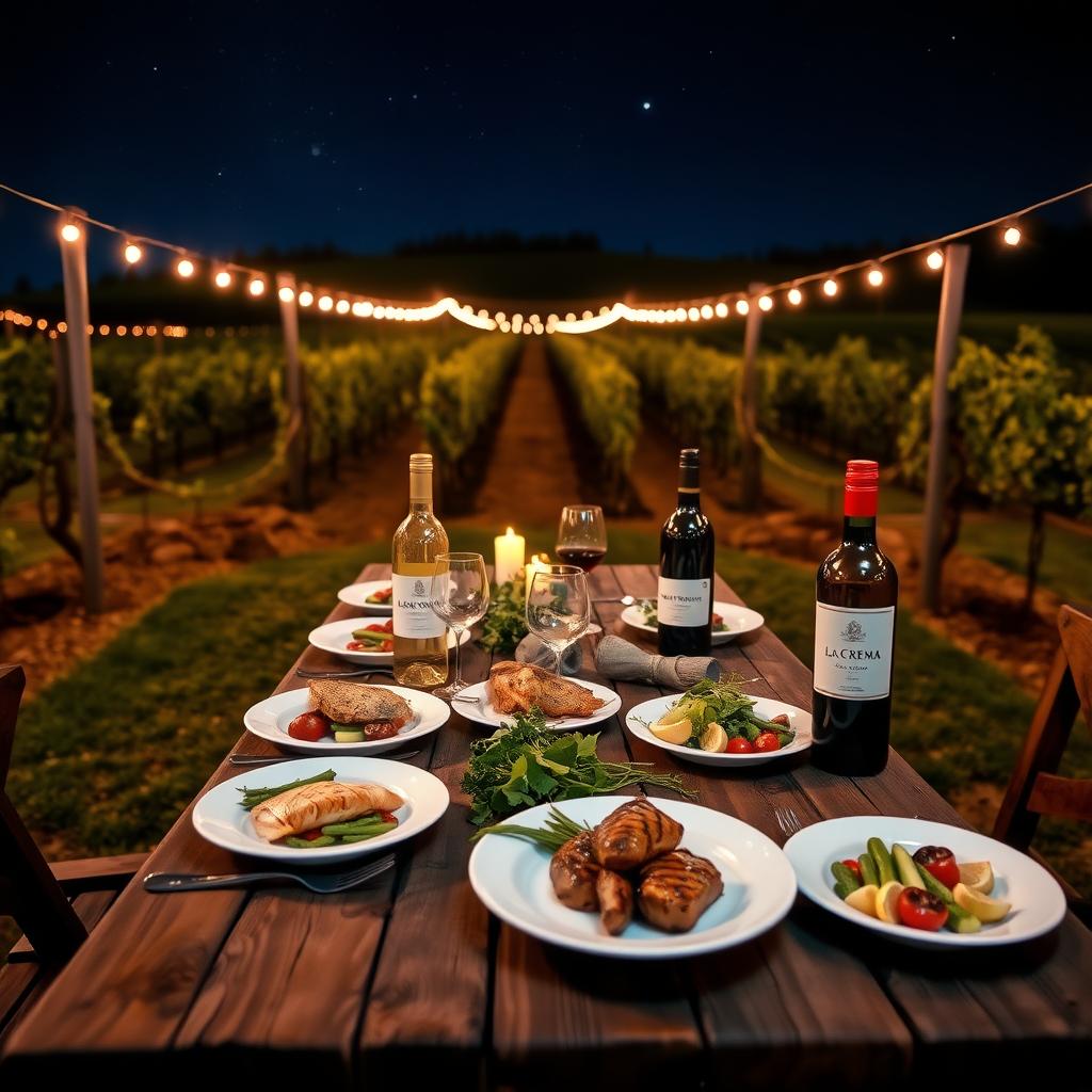 A vineyard dinner table with Jackson Family Wines bottles, grilled salmon, steak, and vegetables under string lights.
