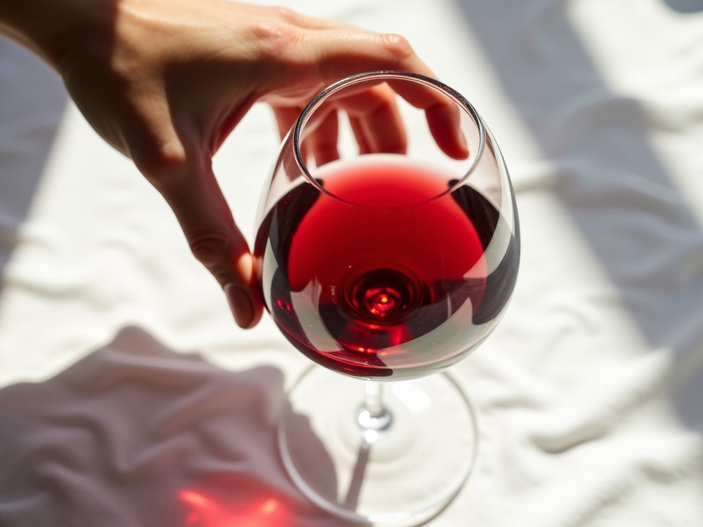 Examining the color of red wine in a glass.