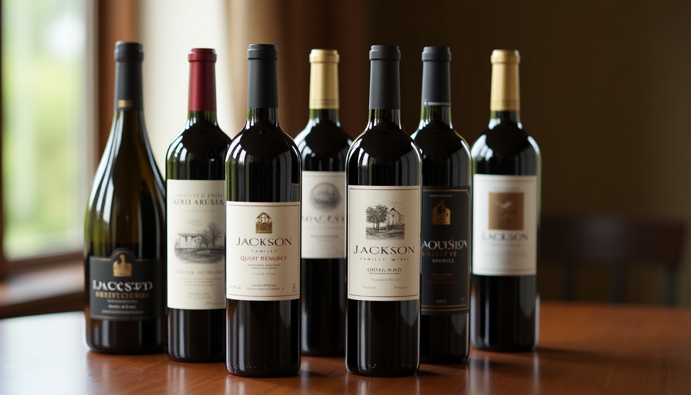 A shelf of diverse wine bottles from Jackson Family Wines.