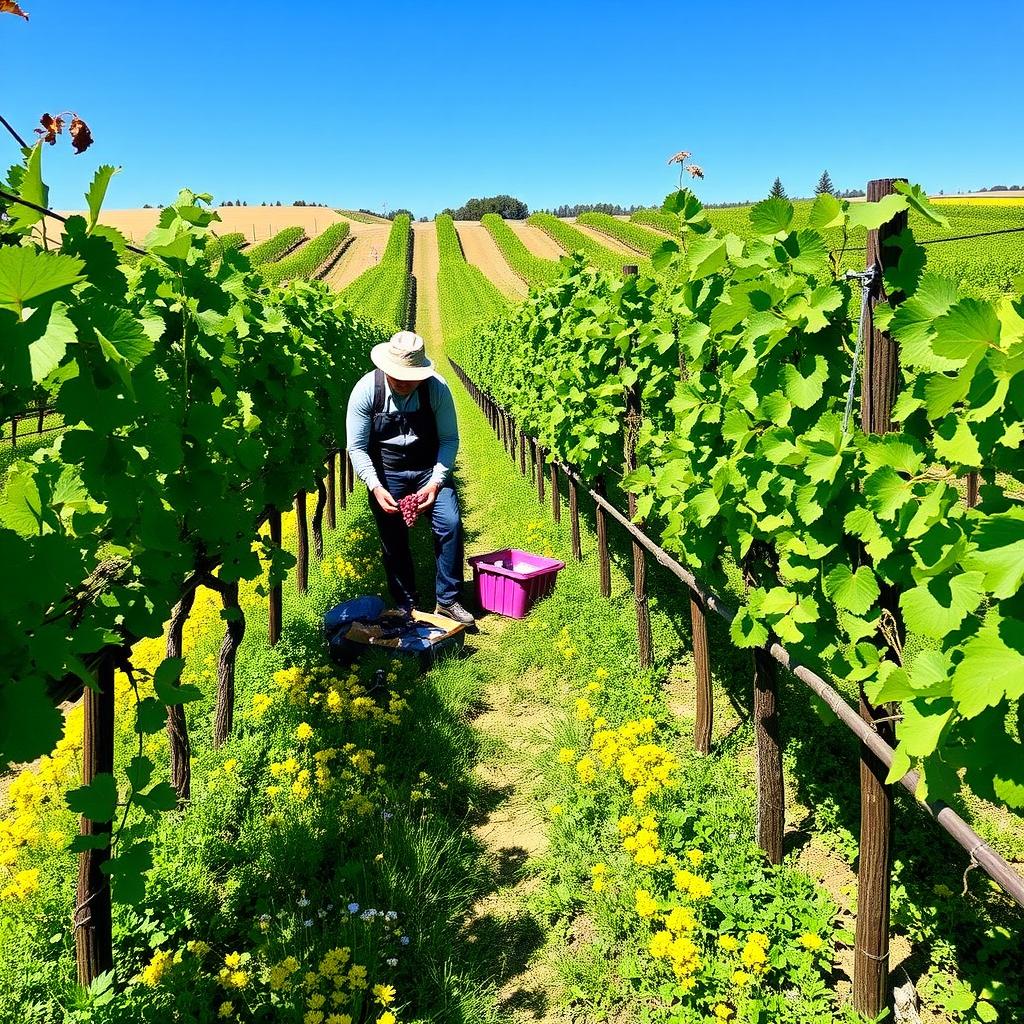 Organic vineyard with cover crops and a worker inspecting grapes
