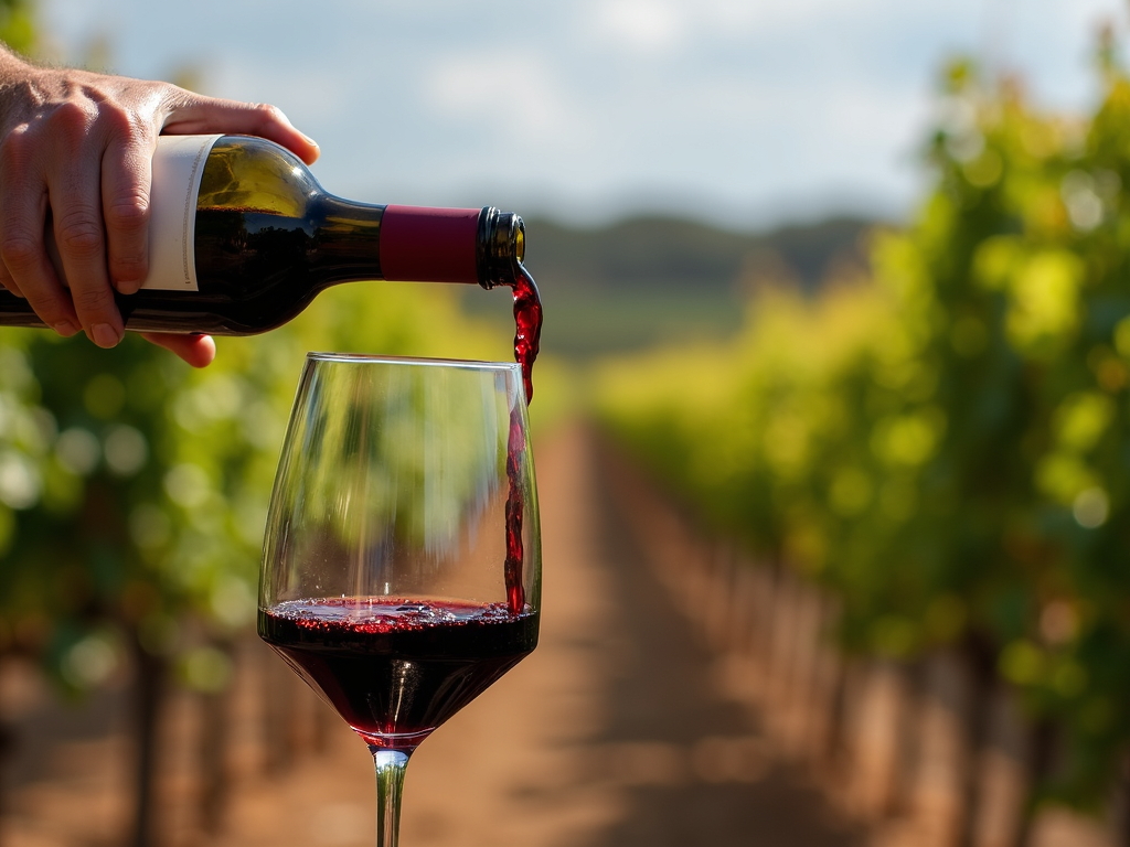 Pouring a glass of Shiraz with a South Australian vineyard in the background, capturing the wine’s rich color.