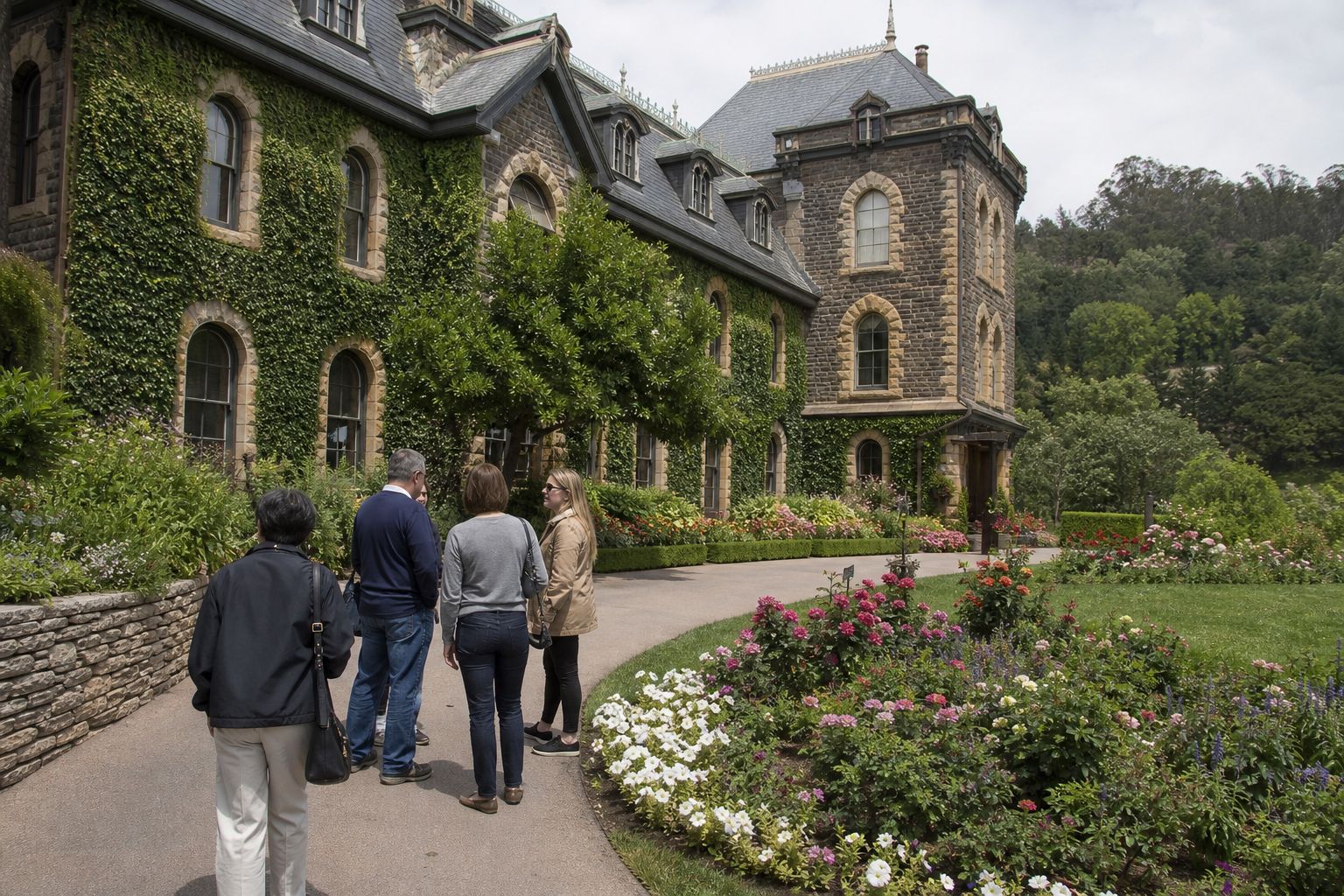 Visitors at historic Beringer winery with gardens