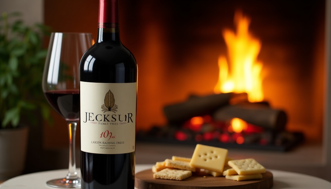 A wine bottle with a Jackson Family Wines label in front of a cozy fireplace, symbolizing relaxation and enjoyment.