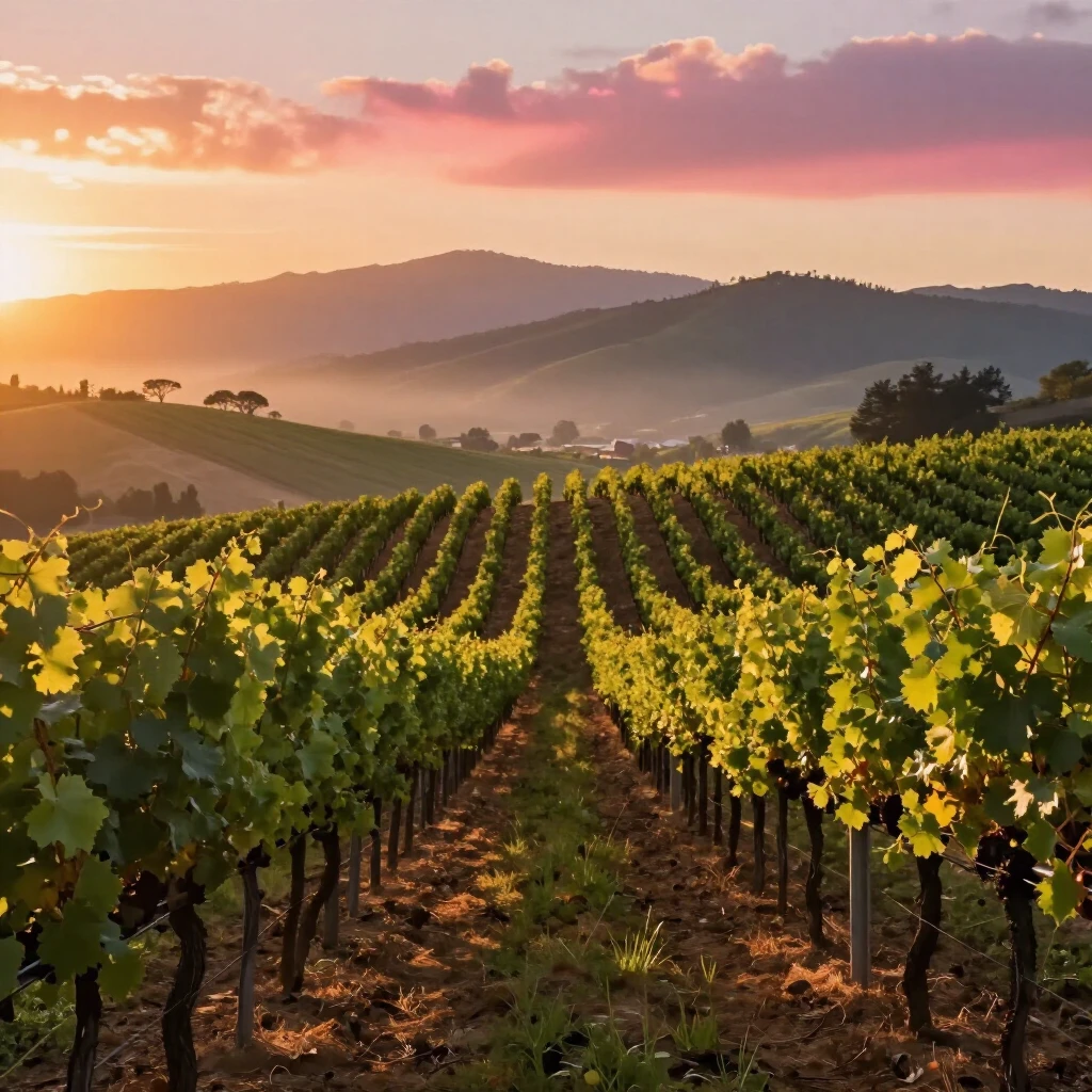 California vineyard at sunset with rows of grape vines