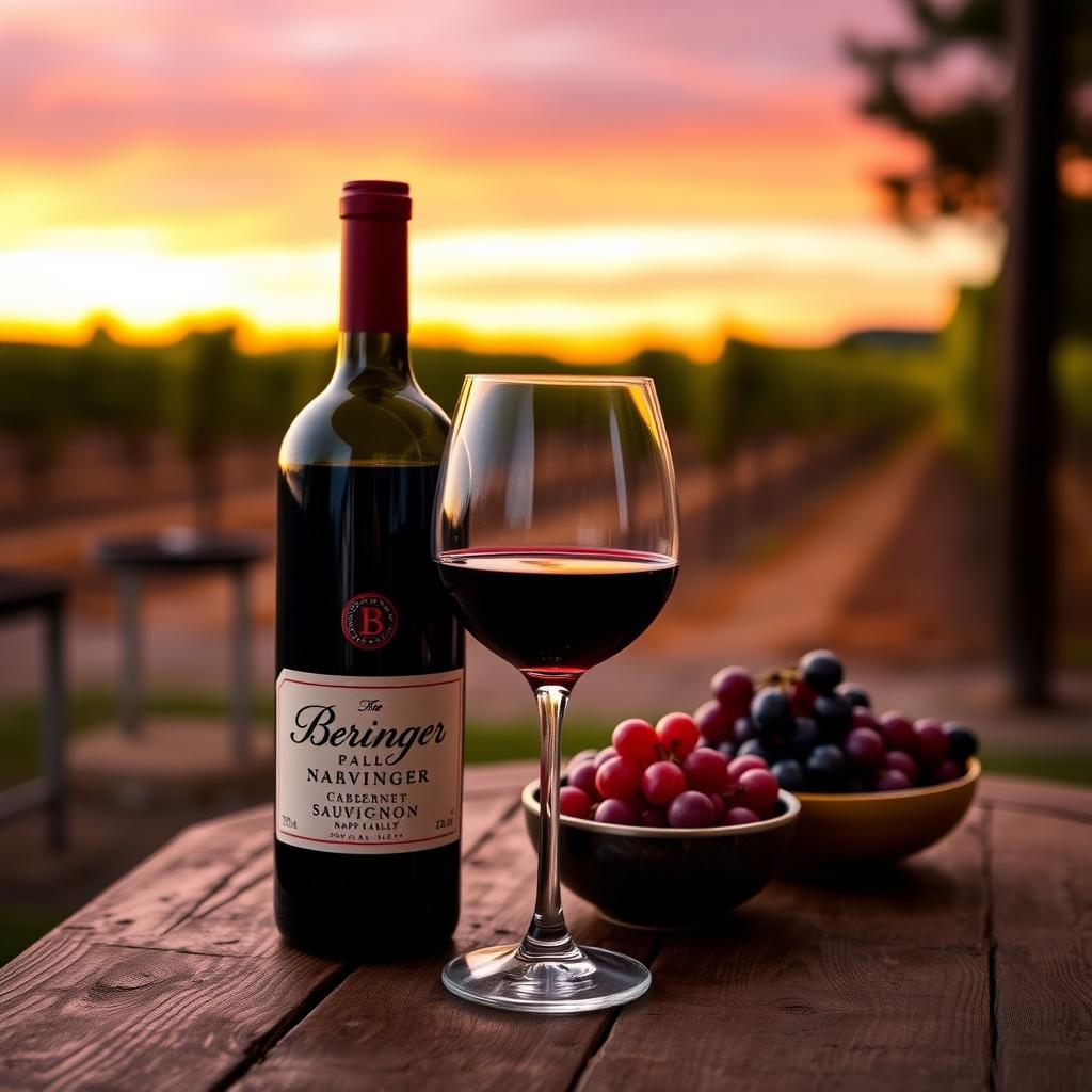 A glass of Beringer Cabernet Sauvignon on a wooden table with a blurred Napa Valley vineyard at dusk.