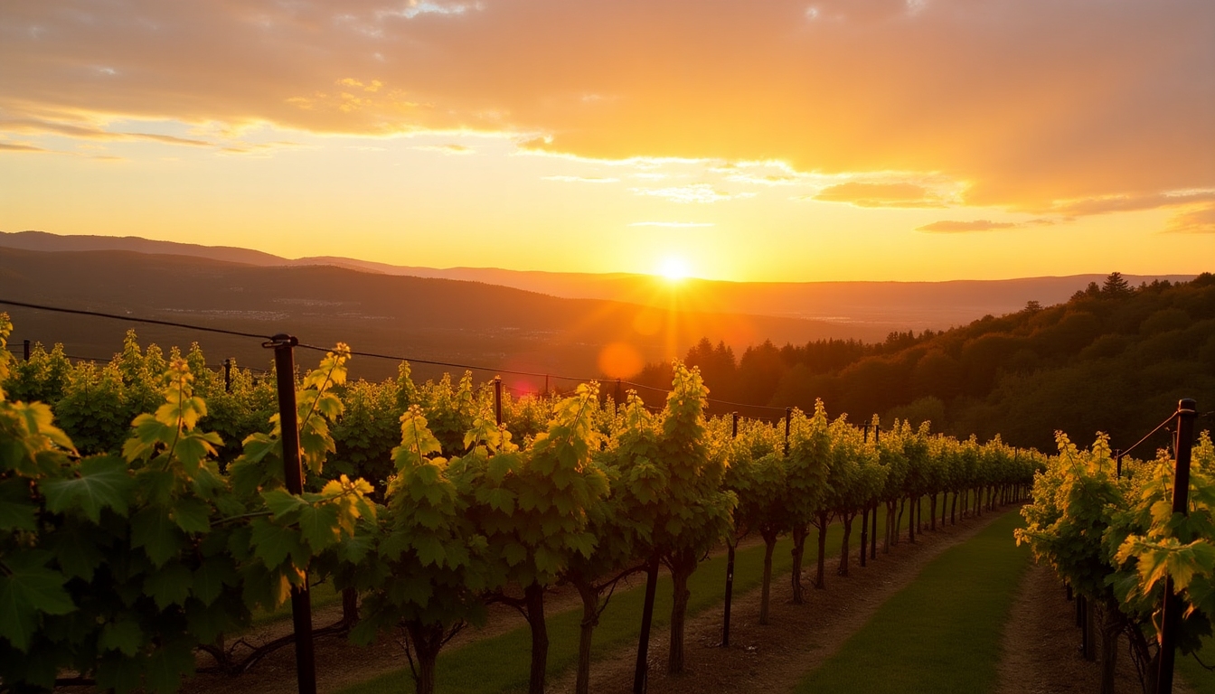 Vineyards of Jackson Family Wines at sunset, showcasing lush grapes and rolling hills
