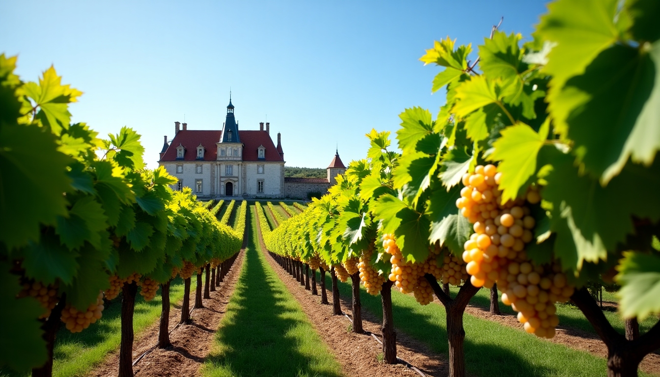 Vineyard in Bordeaux, France, with classic stone buildings and lush vines under a cloudy sky.