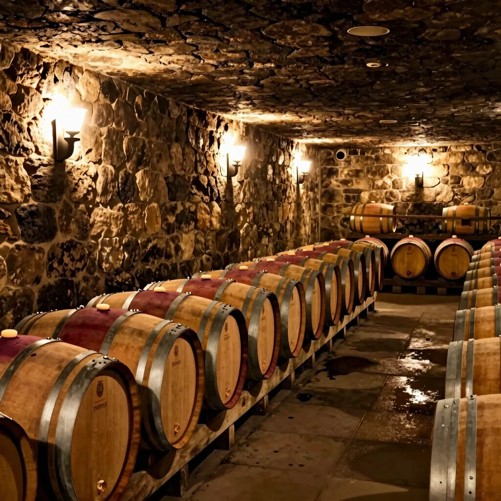 Inside the historic wine caves at Beringer Vineyards, lined with aging oak barrels