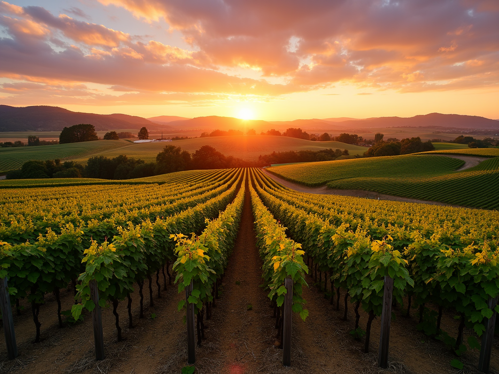 Scenic view of Napa Valley vineyard at sunset