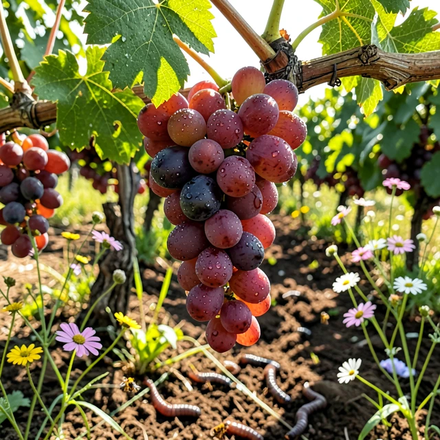 Close-up of organic wine grapes on the vine in a healthy vineyard
