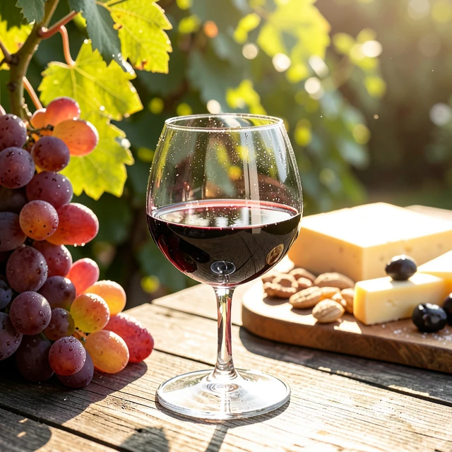 Glass of organic red wine with fresh grapes and vineyard elements