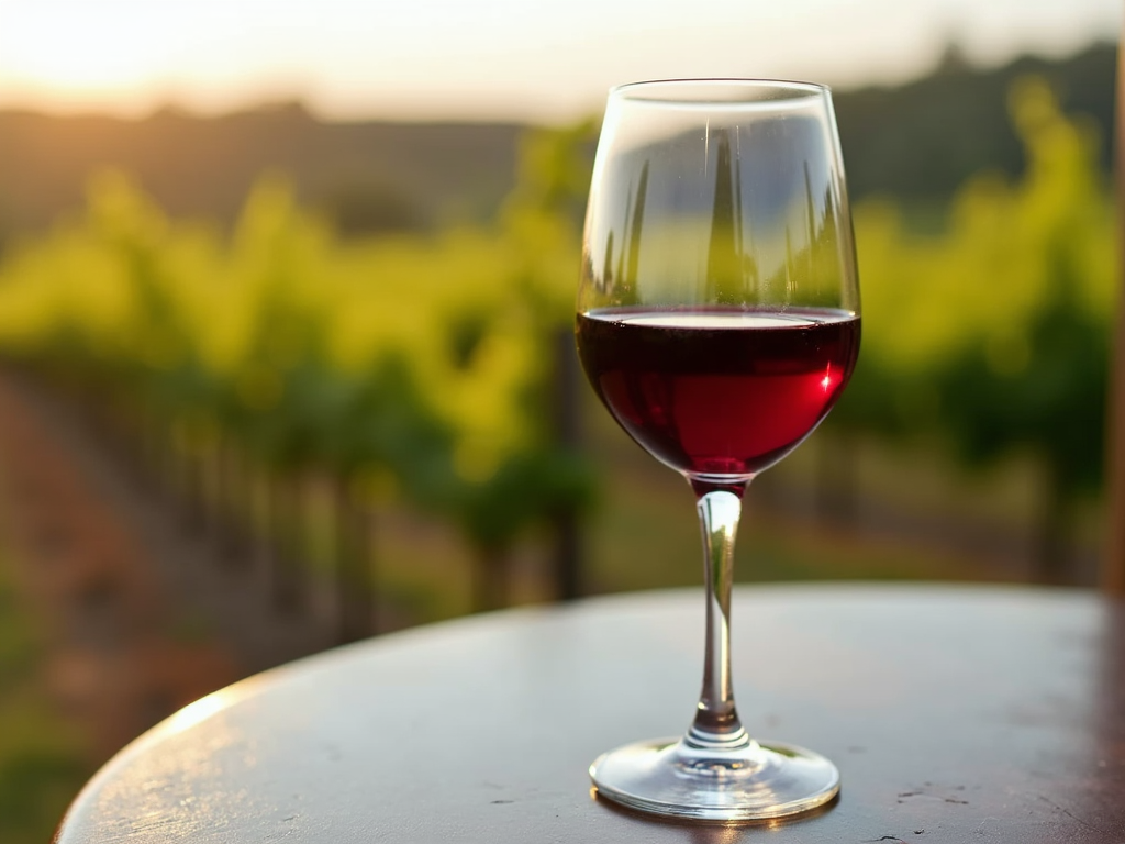 Glass of organic red wine with vineyard background