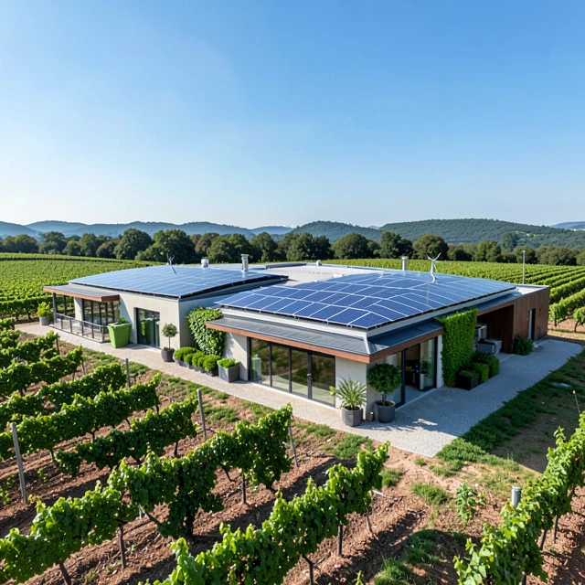 Sustainable winery building with solar panels and organic vineyards in the background