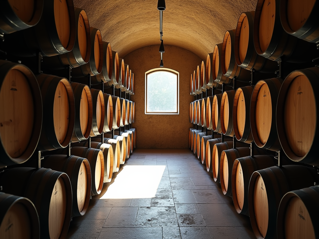 Wine cellar with oak barrels