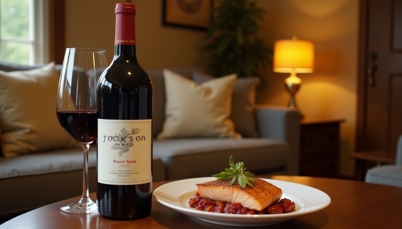 A cozy living room setup with a bottle of Jackson Family Pinot Noir and a plate of grilled salmon.