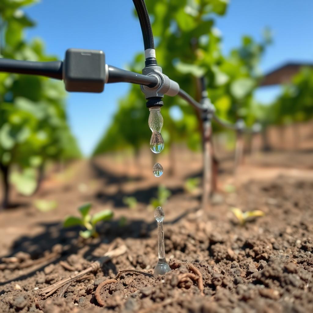 Drip irrigation system watering grapevines with a soil moisture sensor