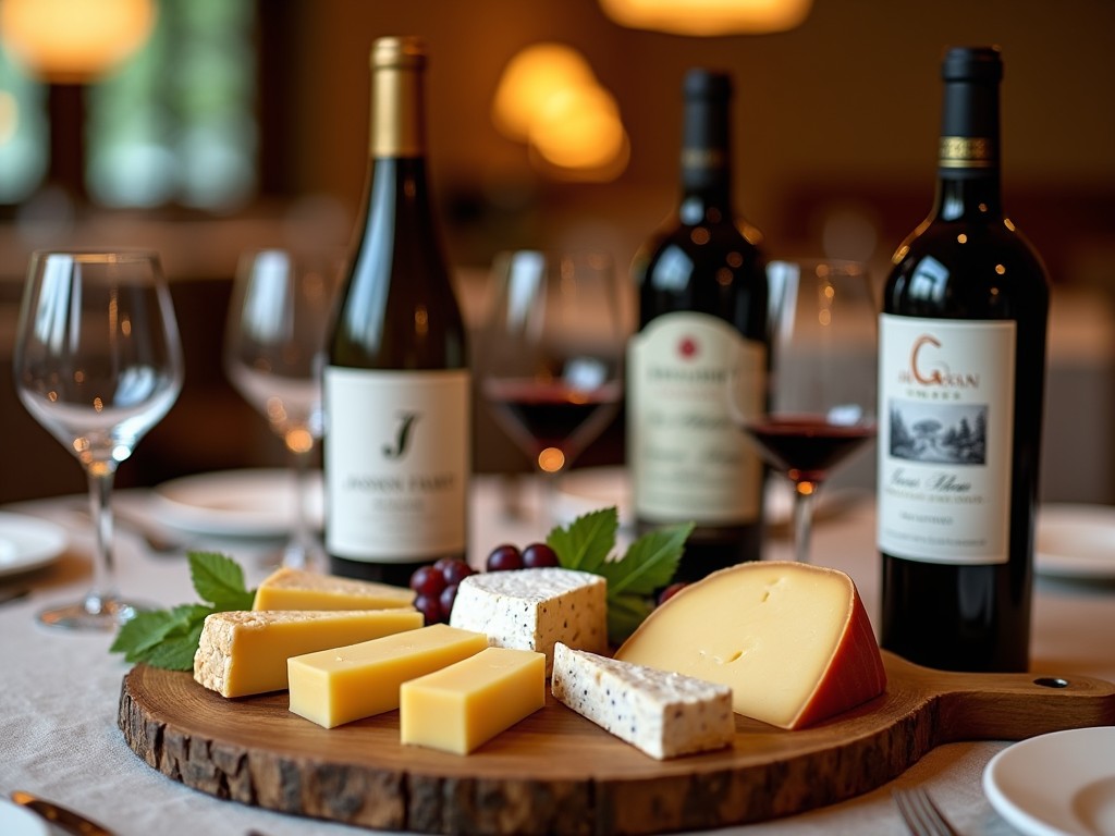 An elegant dining setup with assorted cheeses and wines from Jackson Family Wines.