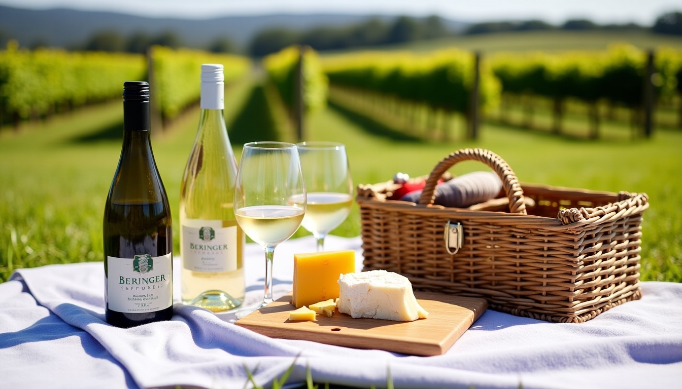 A picnic setup in Beringer Vineyards with a variety of wines and cheeses placed on a blanket overlooking the vineyard.