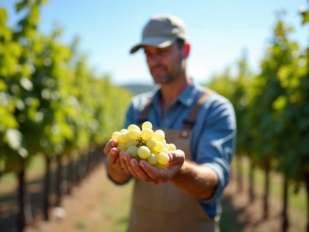 Winemaker inspecting grapes in vineyard