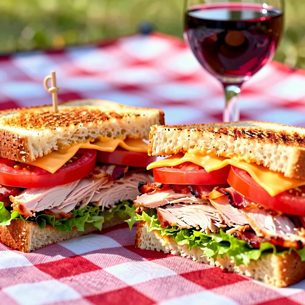 Turkey club sandwich alongside a glass of Zinfandel