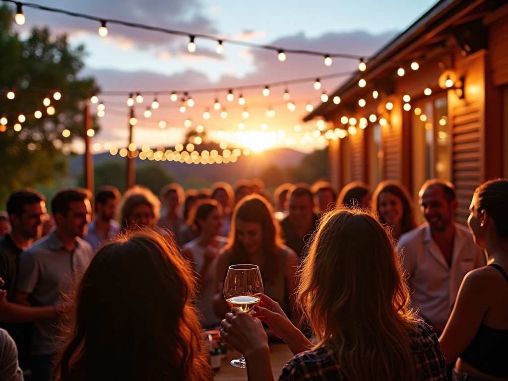 An evening event at Beringer with live music and guests enjoying wines under string lights.