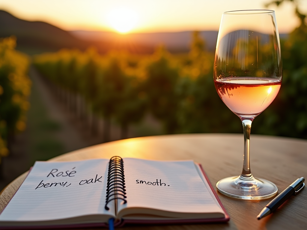 Notebook with wine tasting notes near a rosé glass