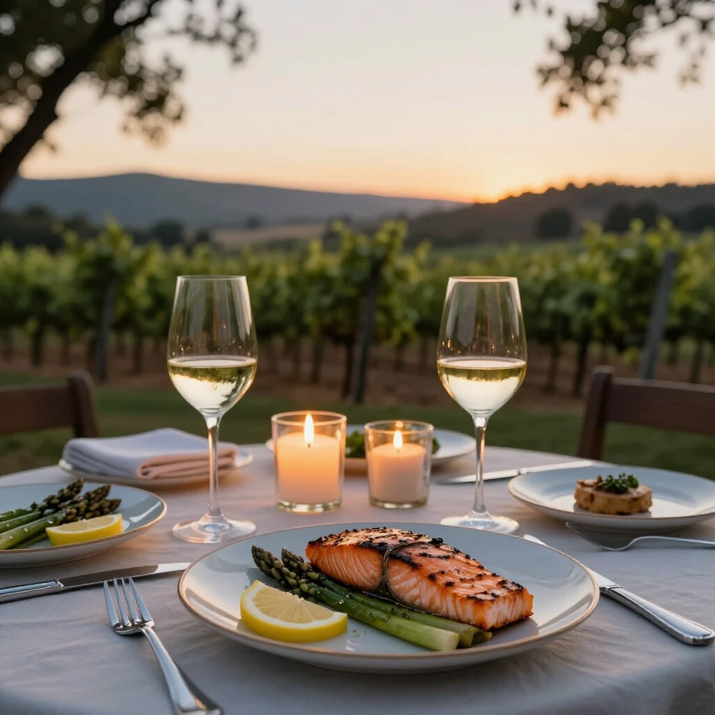 Outdoor dinner table with white wine and seafood in a Sonoma vineyard at sunset
