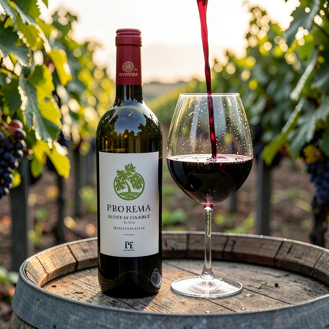 Sustainable wine bottle and glass in an organic vineyard