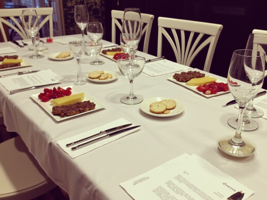 Table set for a wine tasting party with glasses, tasting sheets, and food pairings.