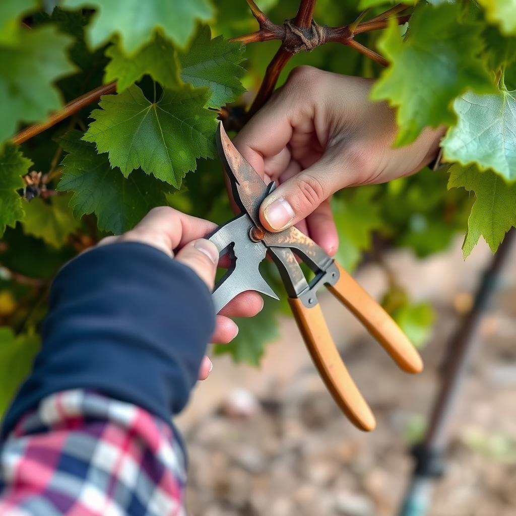 Vineyard worker pruning grapevine using sustainable methods.