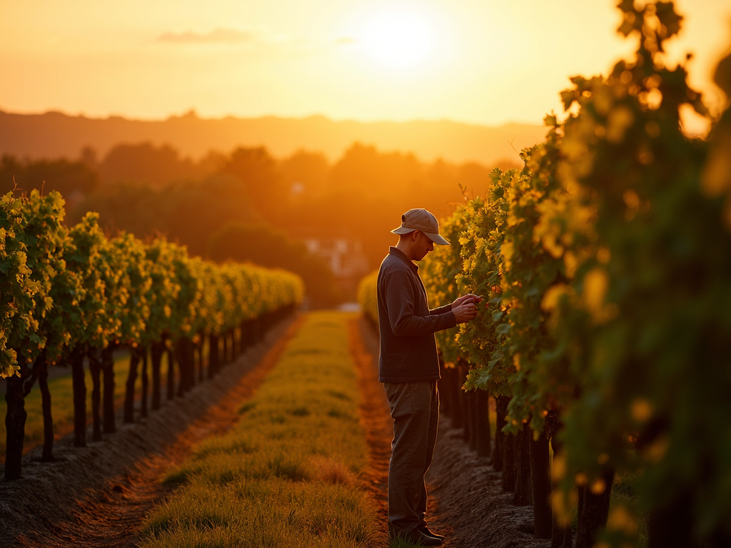 Sunset over a vineyard with a farmer checking grapevines.