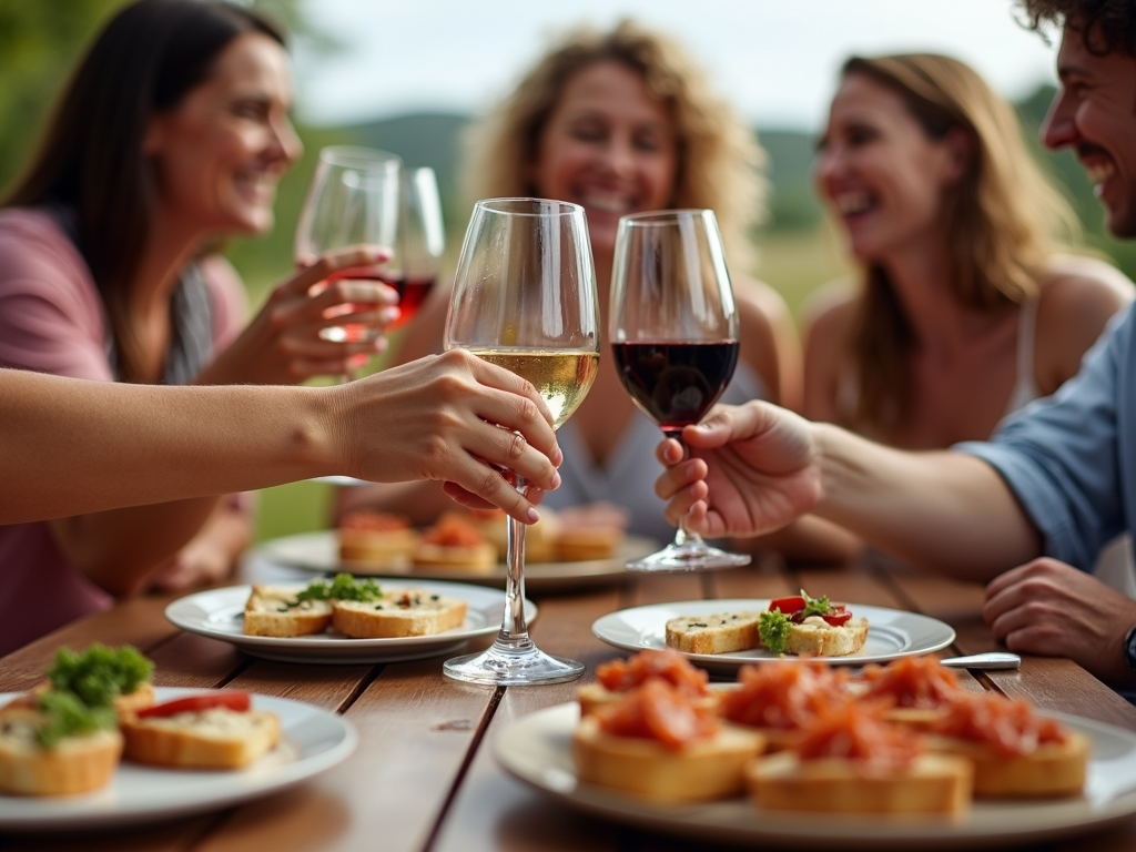 Friends enjoying wine and appetizers