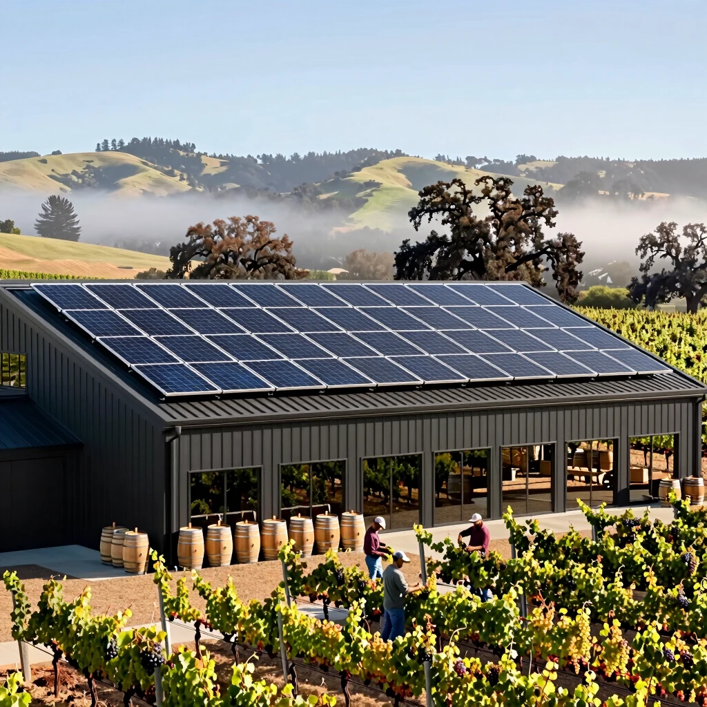 Modern winery with extensive solar panels overlooking Sonoma vineyards
