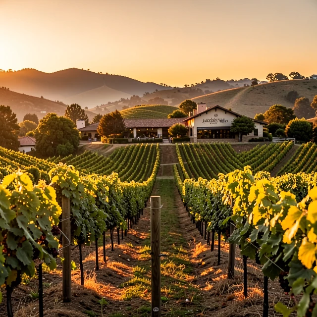 Sunset over Jackson Family Wines vineyard in Sonoma County showing lush vines and estate buildings
