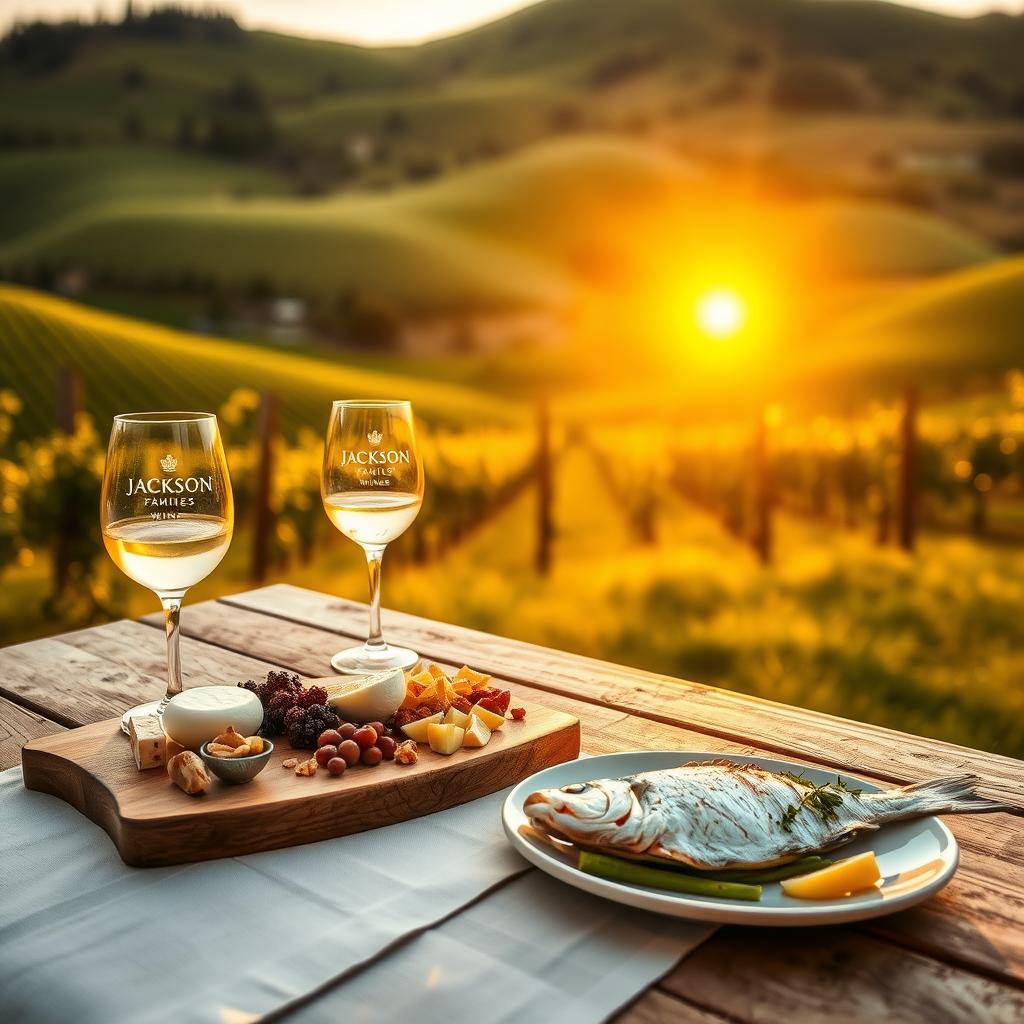 Outdoor dining table with charcuterie and grilled sea bass paired with Jackson Family Wines white wine.