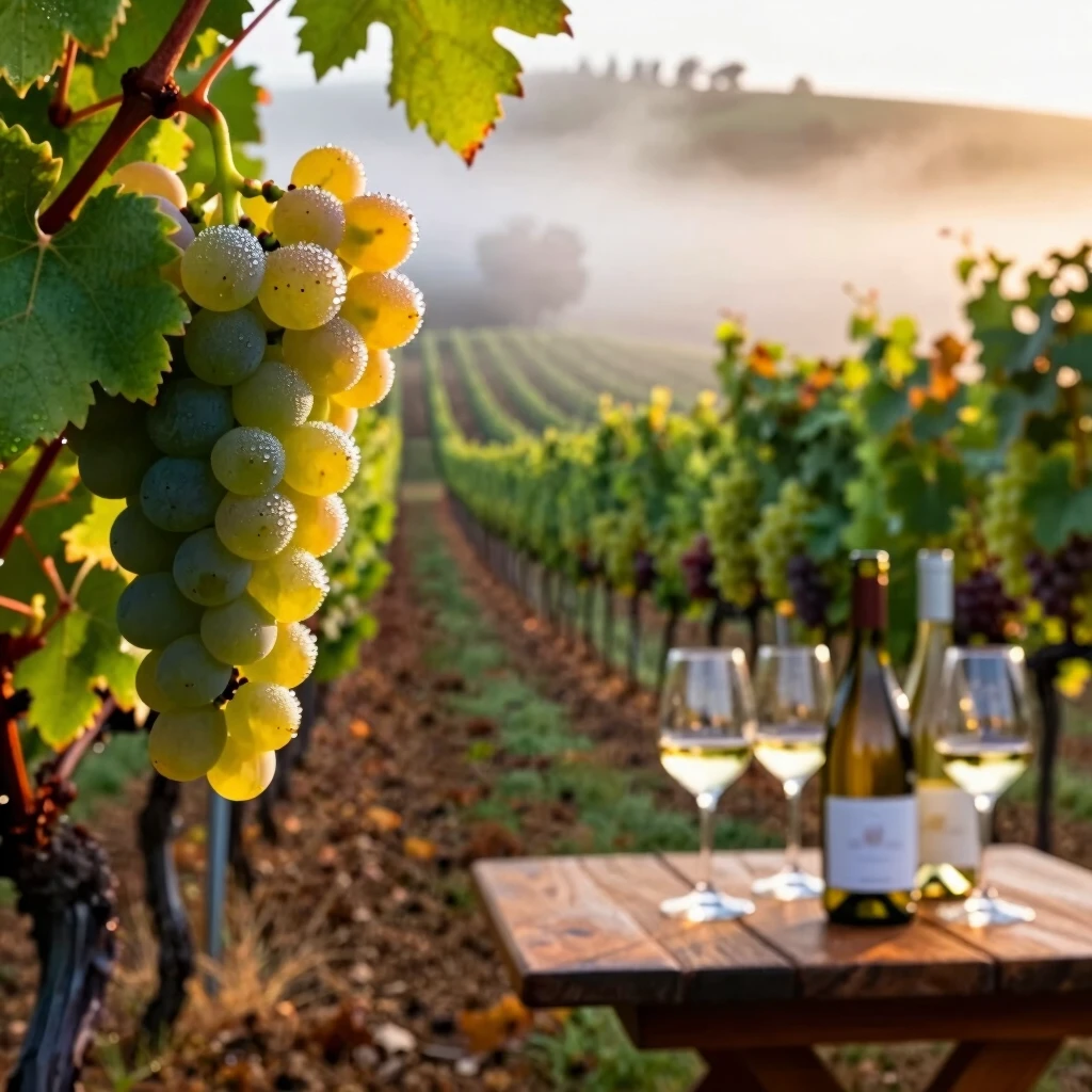 Sunset view of Sonoma County vineyards with Jackson Family Wines white bottles on a tasting table