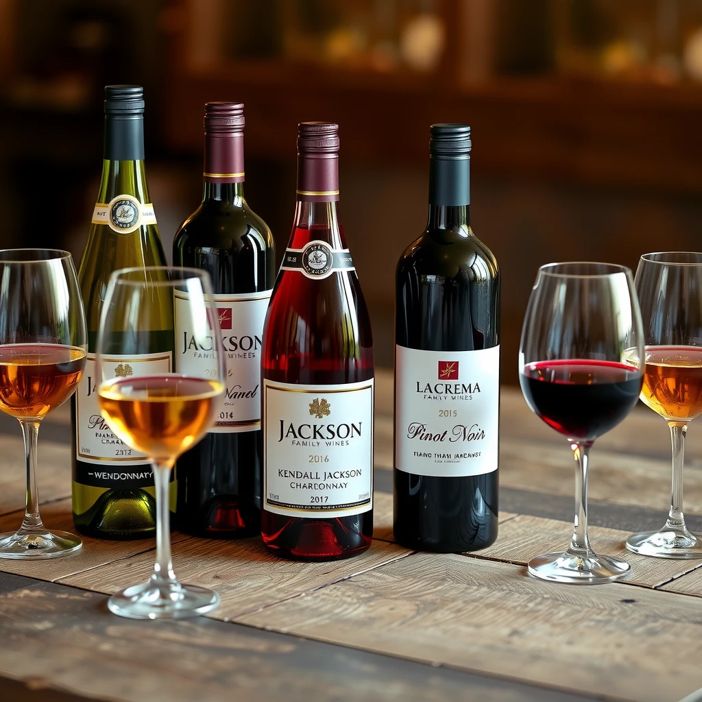 Elegant bottles of Kendall-Jackson Chardonnay and La Crema Pinot Noir on a wooden table with glasses