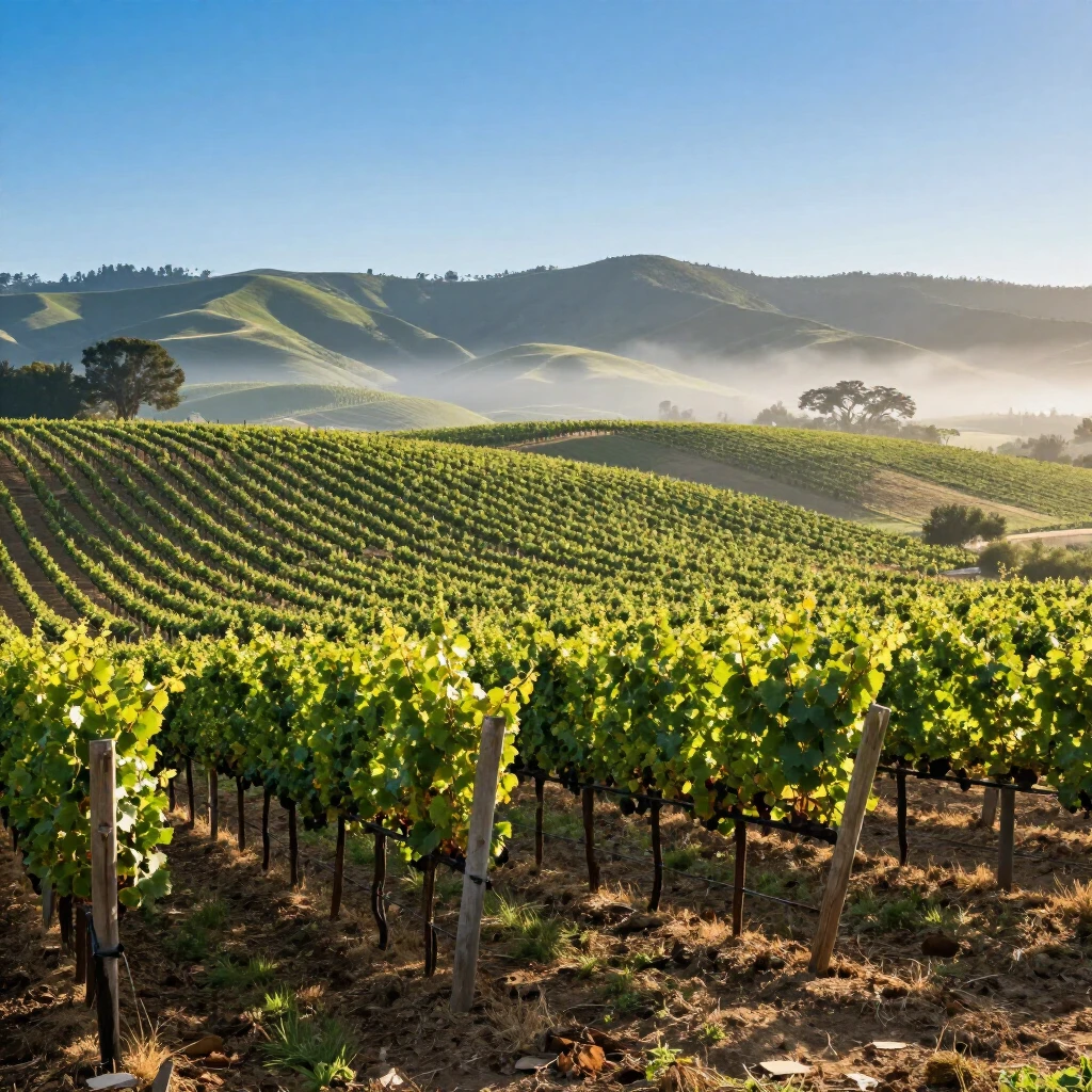 Rolling vineyards of Vérité Winery in Sonoma County with grape vines on hills