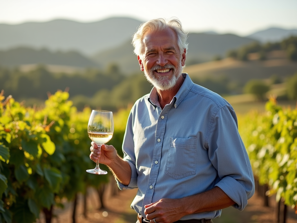 Jess Jackson in the vineyard with a glass of wine