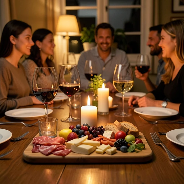 Cozy home table setup for a wine and food pairing night with charcuterie and wines