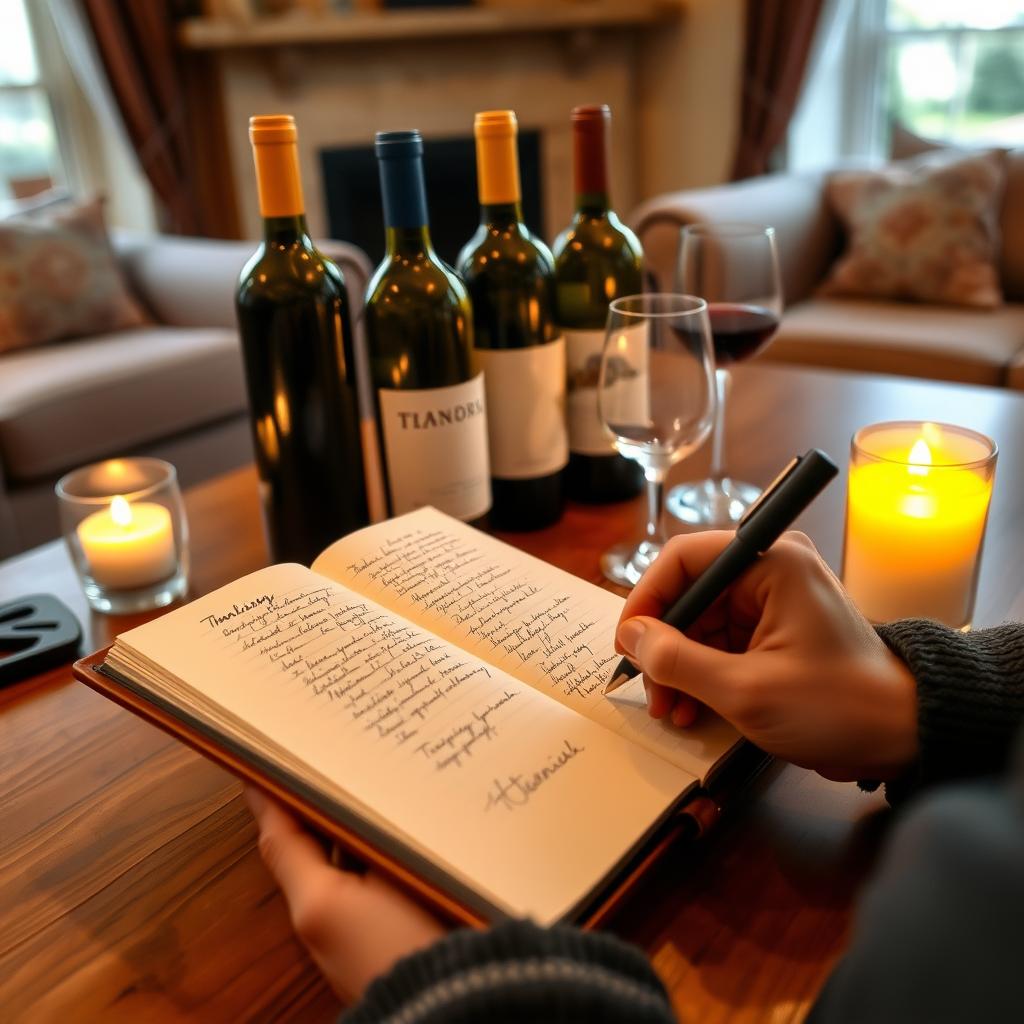 A hand writes in a tasting journal on a candlelit table with wine bottles and glasses.