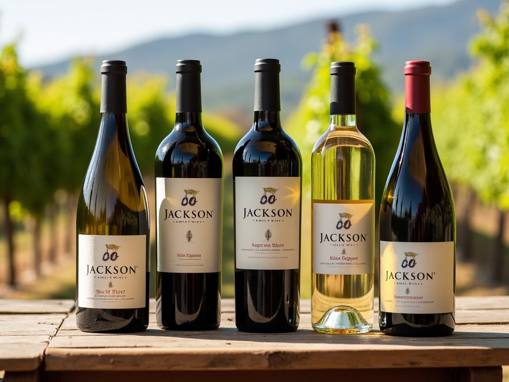 Bottles of different wine varieties aligned on a rustic table.