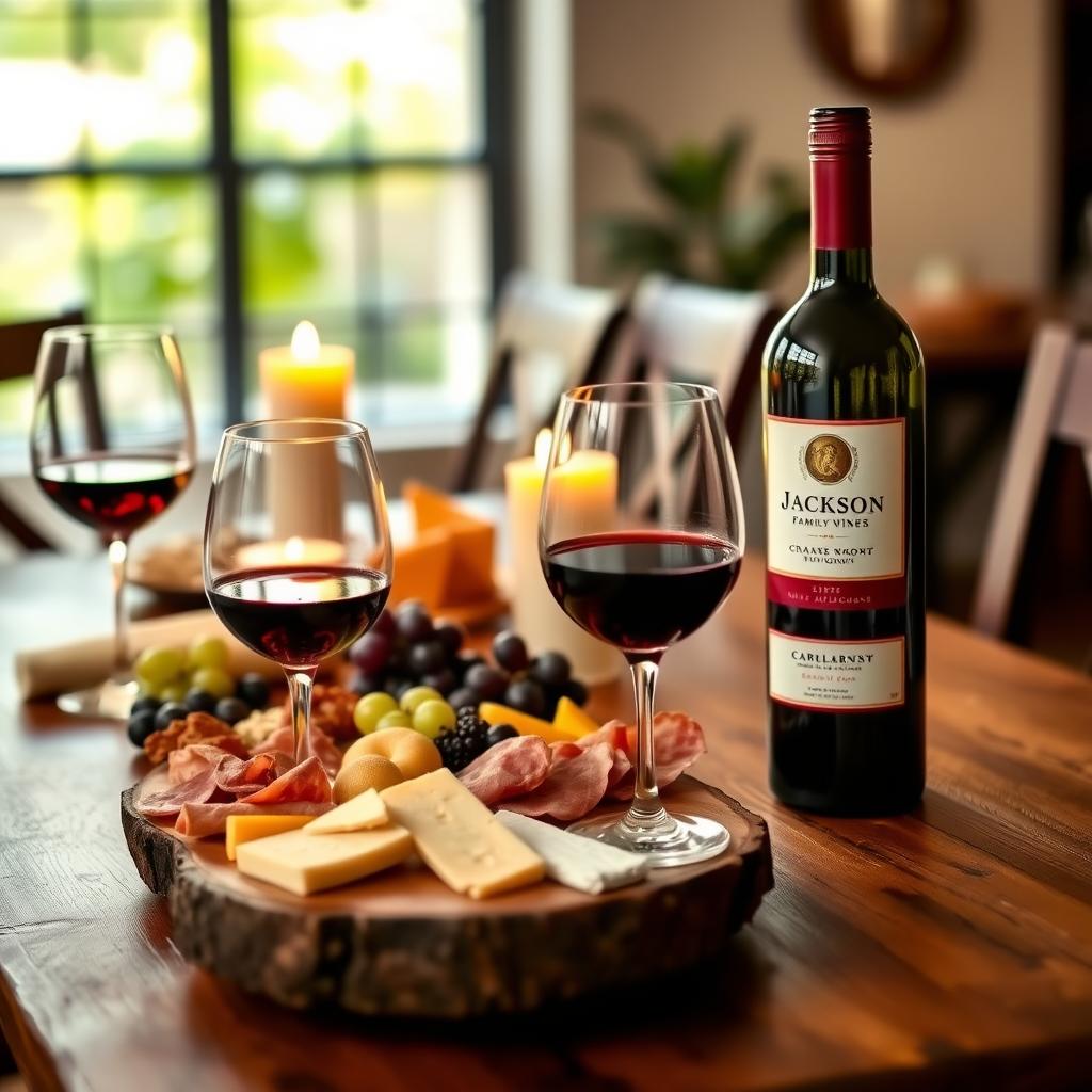 A cozy dining table with a charcuterie board, cheeses, grapes, and two glasses of wine, featuring a bottle of Jackson Family Wines Cabernet Sauvignon under warm candlelight.
