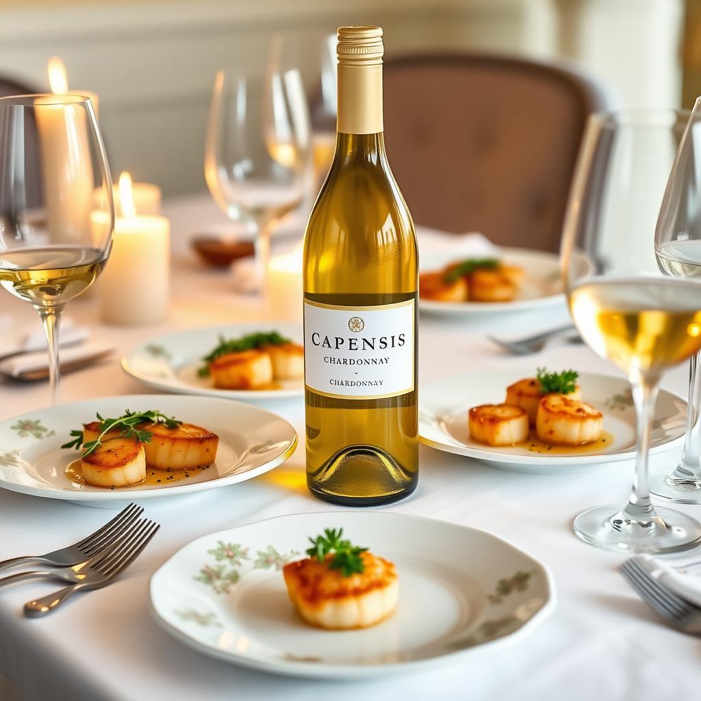 Capensis Chardonnay bottle on a dining table with seared scallops and candlelight