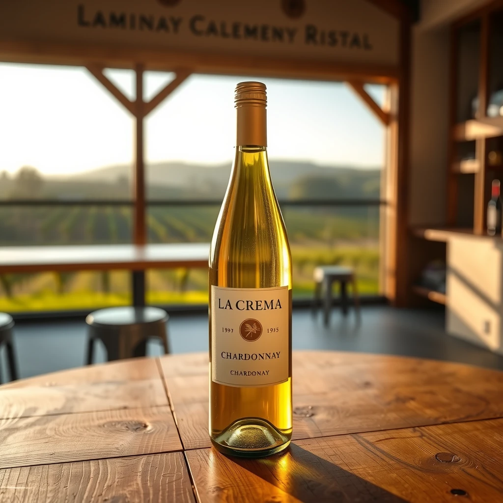 La Crema Chardonnay bottle on a wooden table with vineyard view