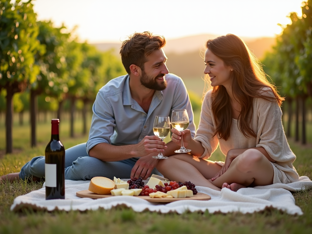 A romantic picnic in the vineyard, highlighting the leisurely and indulgent aspects of wine tourism.