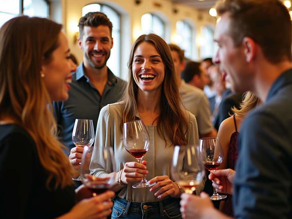 Participants enjoying a wine tasting event, sharing their thoughts on the wines.